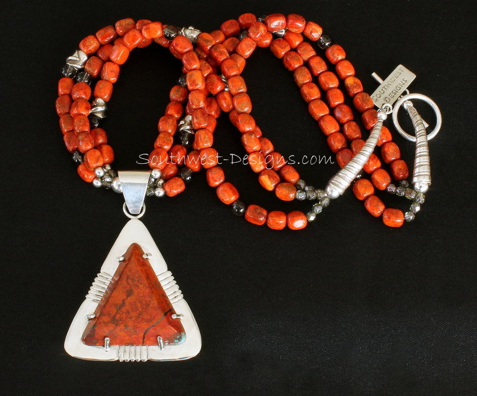 Sonora Sunset and Sterling Silver Post-Set Pendant with 3 Strands of Apple Coral, Smoky Quartz, Fire Polished Glass and Sterling