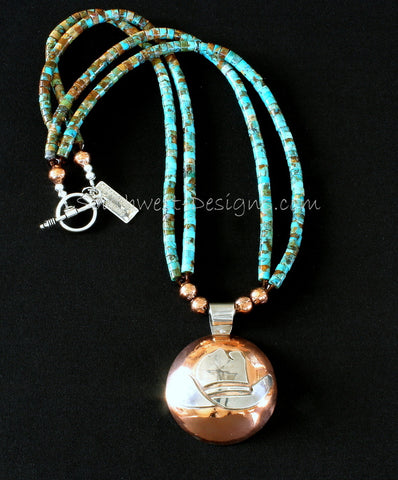Sterling and Copper Domed Cowboy Hat Pendant with Kingman Turquoise, Copper & Sterling