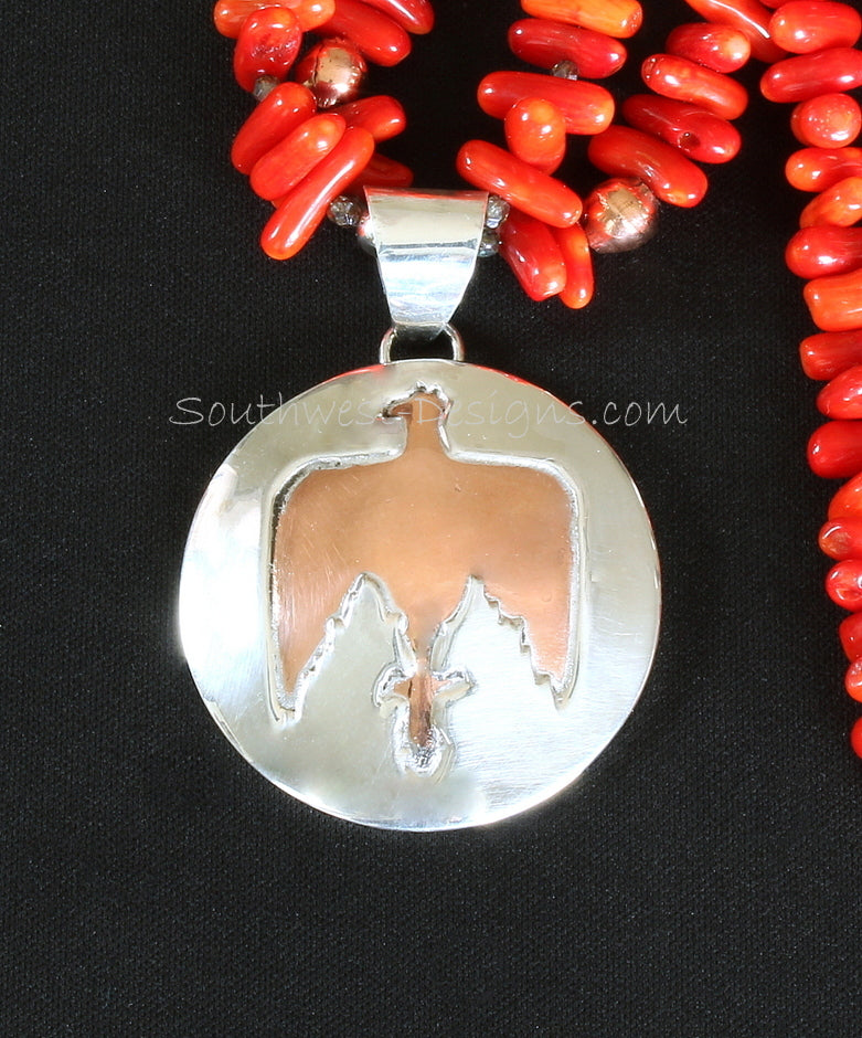 48mm Sterling Silver and Copper Thunderbird Pendant with 2 Strands of Coral Stick & Sterling