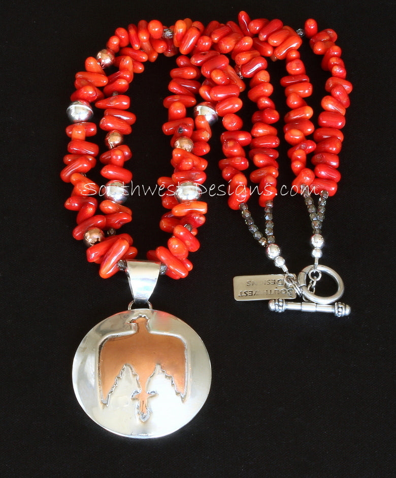 48mm Sterling Silver and Copper Thunderbird Pendant with 2 Strands of Coral Stick & Sterling