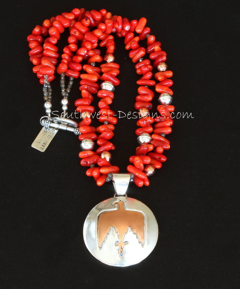 48mm Sterling Silver and Copper Thunderbird Pendant with 2 Strands of Coral Stick & Sterling