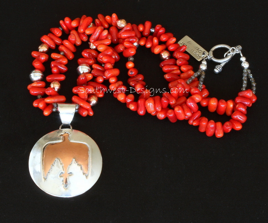 48mm Sterling Silver and Copper Thunderbird Pendant with 2 Strands of Coral Stick & Sterling
