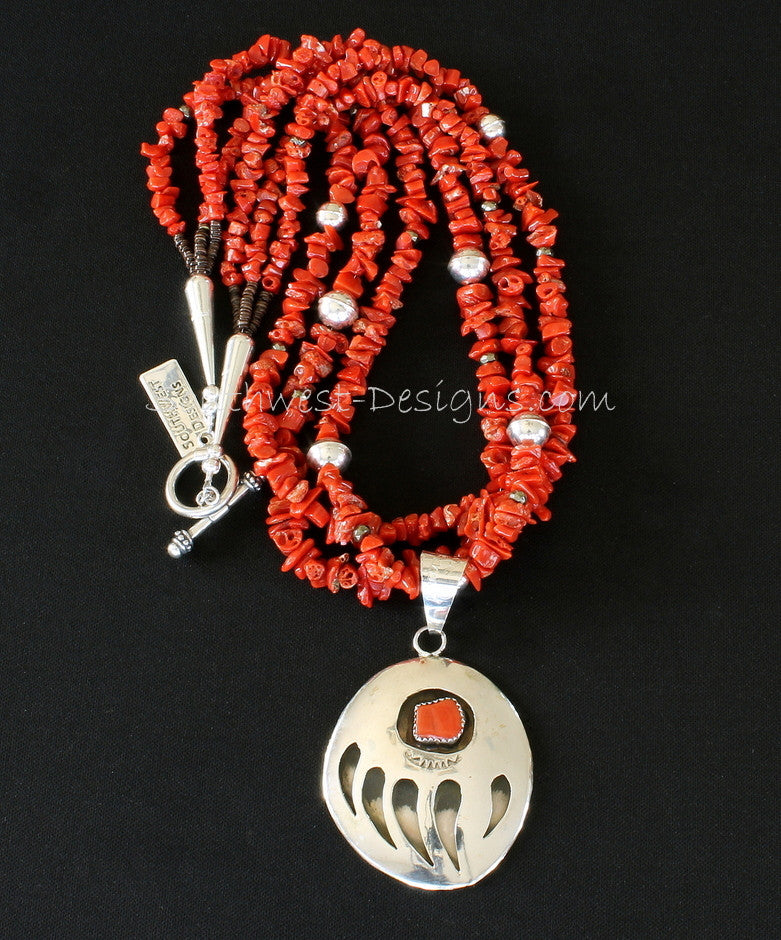 Sterling Silver and Coral Bear Paw Pendant with 3 Strands of Coral Nuggets and Sterling