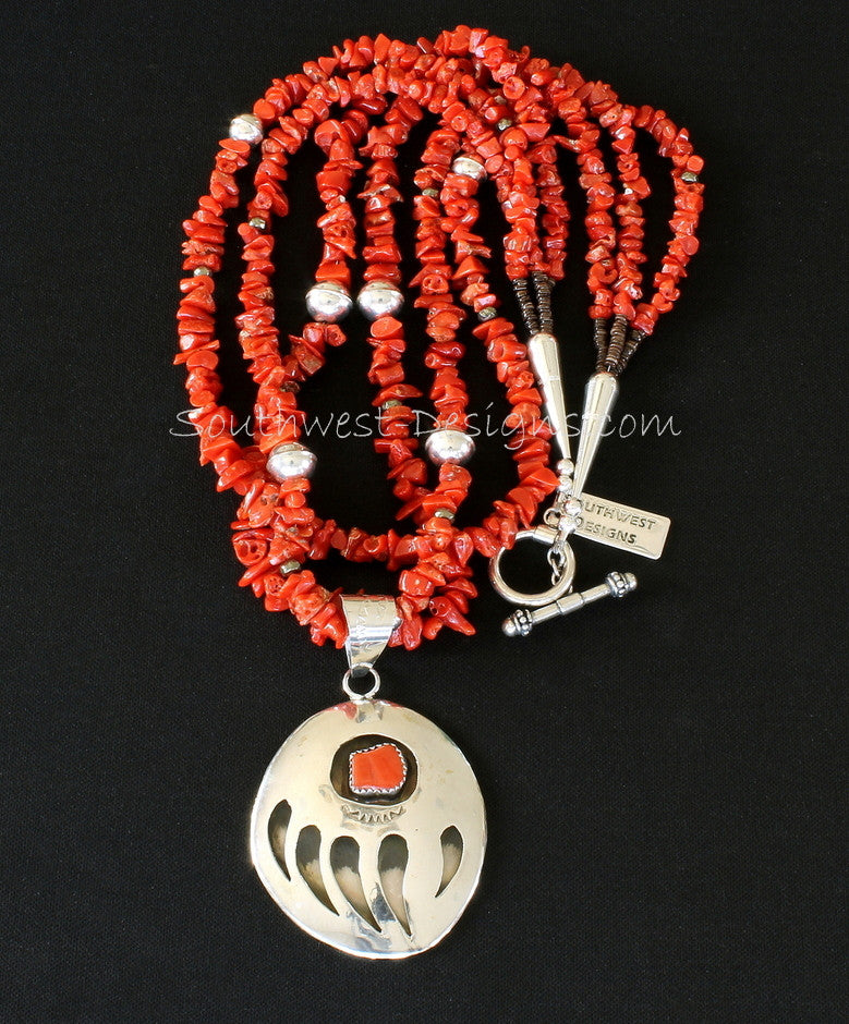 Sterling Silver and Coral Bear Paw Pendant with 3 Strands of Coral Nuggets and Sterling