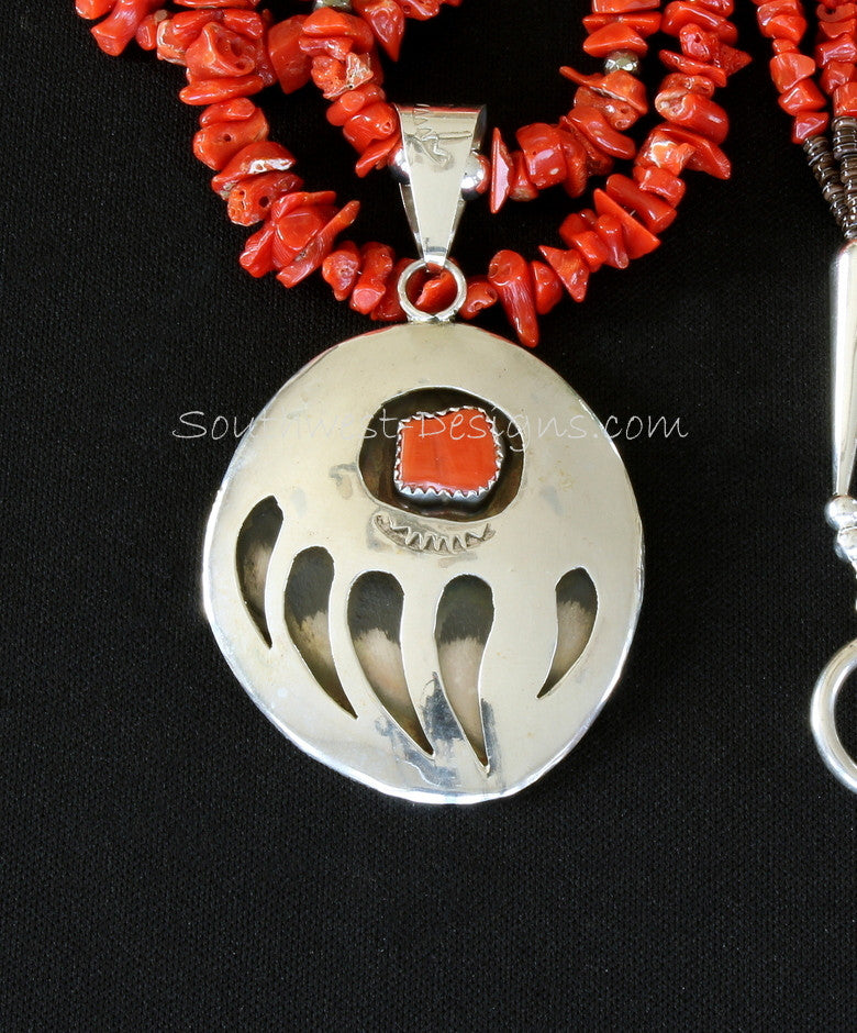 Sterling Silver and Coral Bear Paw Pendant with 3 Strands of Coral Nuggets and Sterling