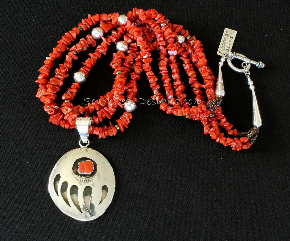 Sterling Silver and Coral Bear Paw Pendant with 3 Strands of Coral Nuggets and Sterling