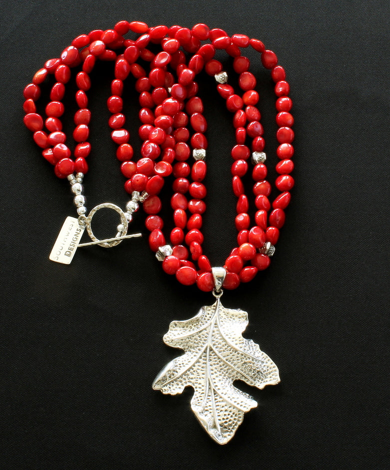 Sterling Silver Leaf Pendant with 3 Strands of Coral Ovals, Stamped Sterling Box Beads and Sterling Silver Toggle Clasp