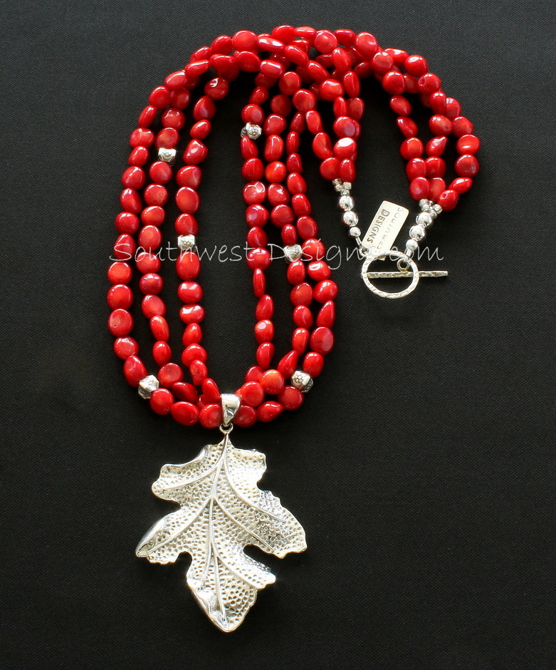 Sterling Silver Leaf Pendant with 3 Strands of Coral Ovals, Stamped Sterling Box Beads and Sterling Silver Toggle Clasp