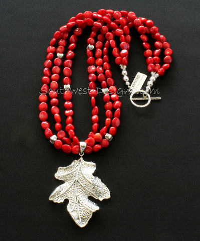 Sterling Silver Leaf Pendant with 3 Strands of Coral Ovals, Stamped Sterling Box Beads and Sterling Silver Toggle Clasp
