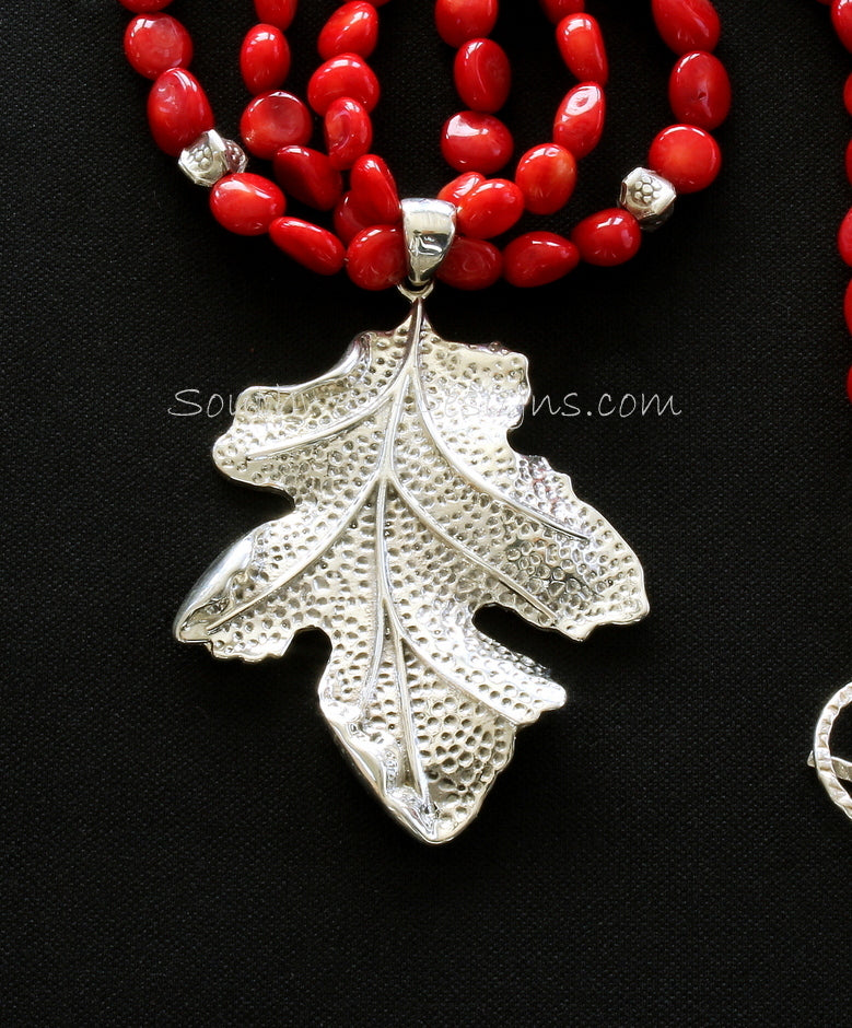 Sterling Silver Leaf Pendant with 3 Strands of Coral Ovals, Stamped Sterling Box Beads and Sterling Silver Toggle Clasp