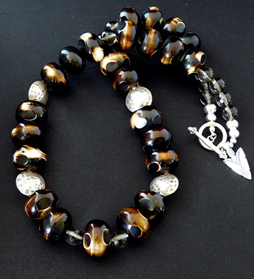 Hand-Painted Tortoise Horn Bead Necklace with Smoky Quartz & Sterling