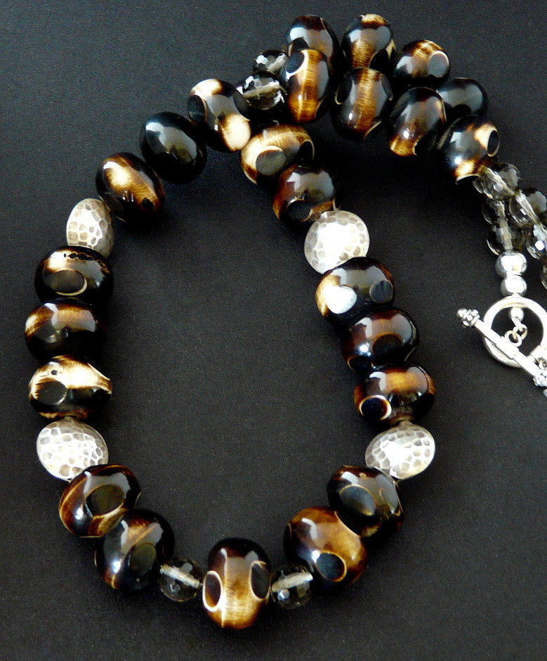 Hand-Painted Tortoise Horn Bead Necklace with Smoky Quartz & Sterling