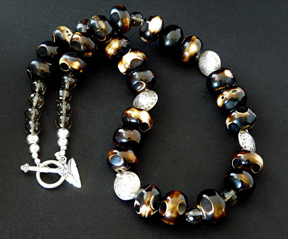 Hand-Painted Tortoise Horn Bead Necklace with Smoky Quartz & Sterling