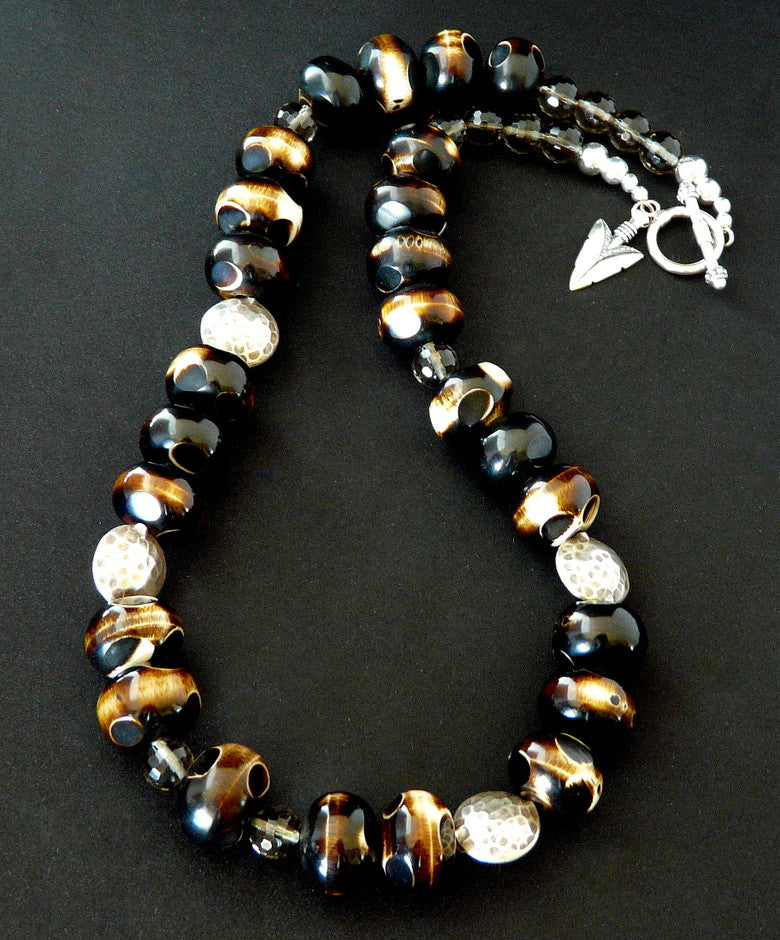 Hand-Painted Tortoise Horn Bead Necklace with Smoky Quartz & Sterling