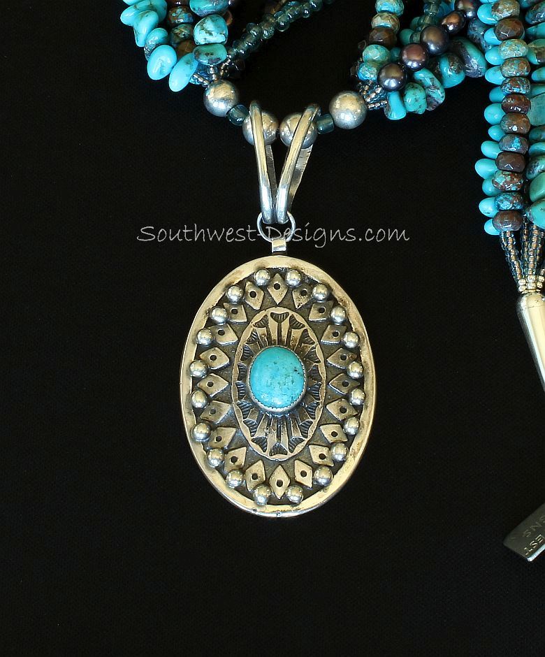 Turquoise and Sterling Silver Oval Pendant with 6 Strands of Turquoise, Pearls, Agate and Sterling Silver