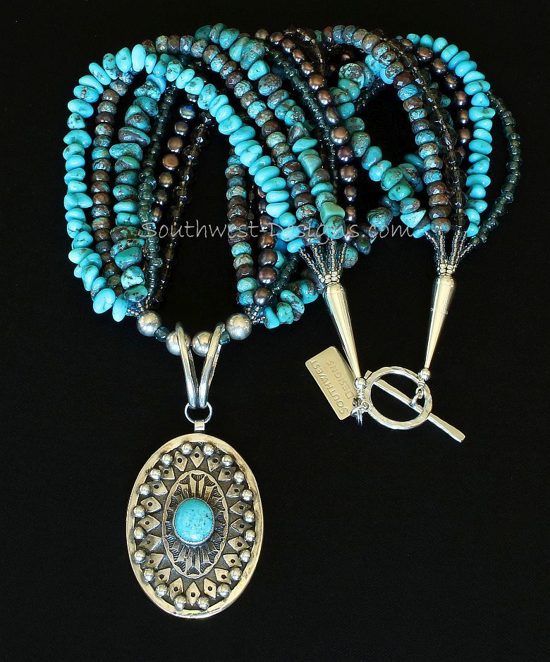 Turquoise and Sterling Silver Oval Pendant with 6 Strands of Turquoise, Pearls, Agate and Sterling Silver