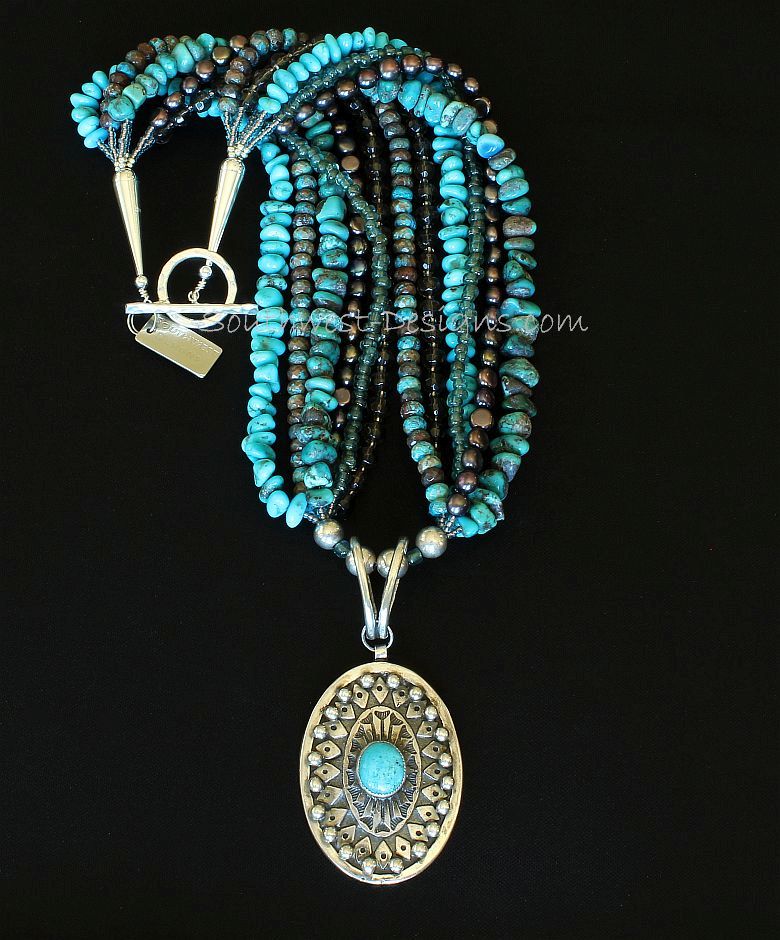 Turquoise and Sterling Silver Oval Pendant with 6 Strands of Turquoise, Pearls, Agate and Sterling Silver