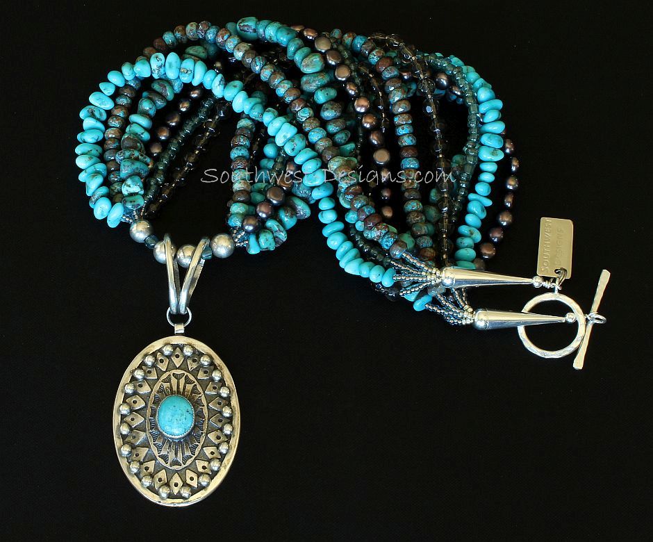 Turquoise and Sterling Silver Oval Pendant with 6 Strands of Turquoise, Pearls, Agate and Sterling Silver