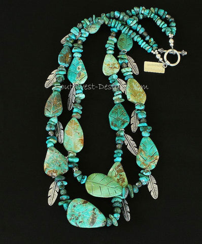 Turquoise Nugget & Leaves 2-Strand Necklace with Rutilated Quartz and Silver Feather Charms