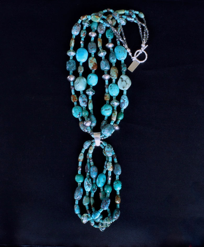 Turquoise Ovals 3-Strand Necklace with 3-Loop Turquoise Jacla and Sterling Silver