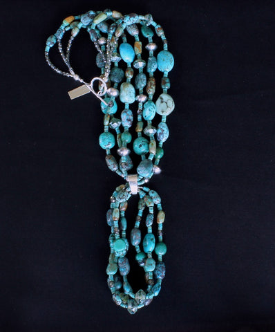 Turquoise Ovals 3-Strand Necklace with 3-Loop Turquoise Jacla and Sterling Silver