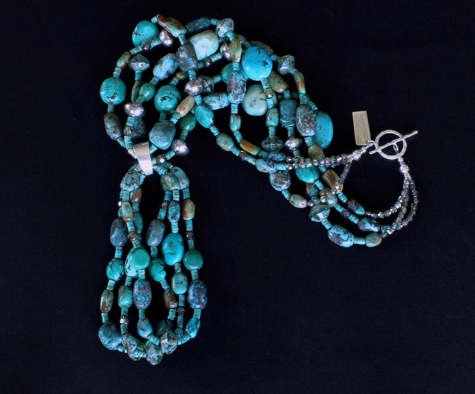 Turquoise Ovals 3-Strand Necklace with 3-Loop Turquoise Jacla and Sterling Silver