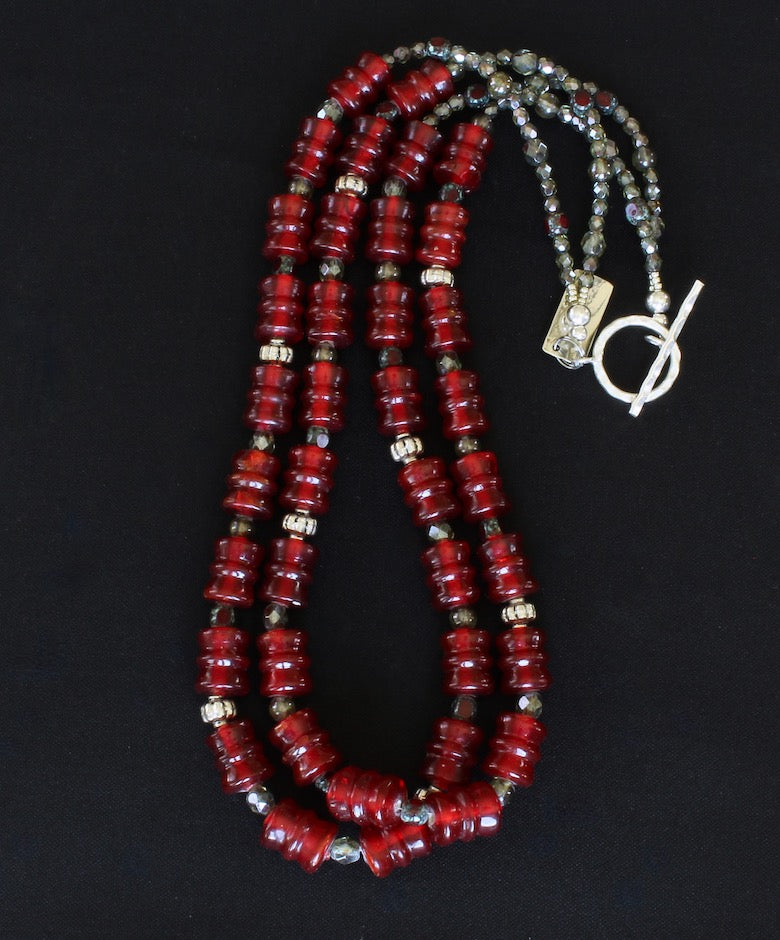 Vintage Red Glass 2-Strand Necklace with Czech Glass and Sterling Silver