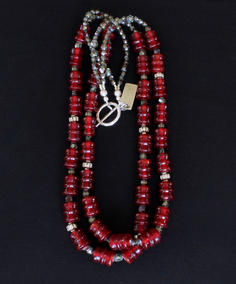 Vintage Red Glass 2-Strand Necklace with Czech Glass and Sterling Silver