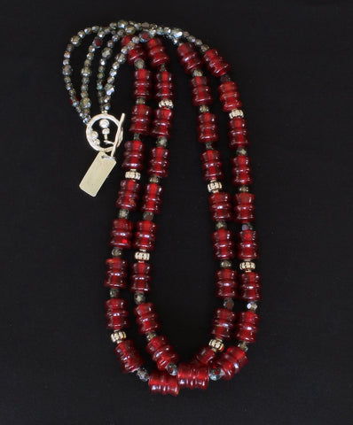 Vintage Red Glass 2-Strand Necklace with Czech Glass and Sterling Silver