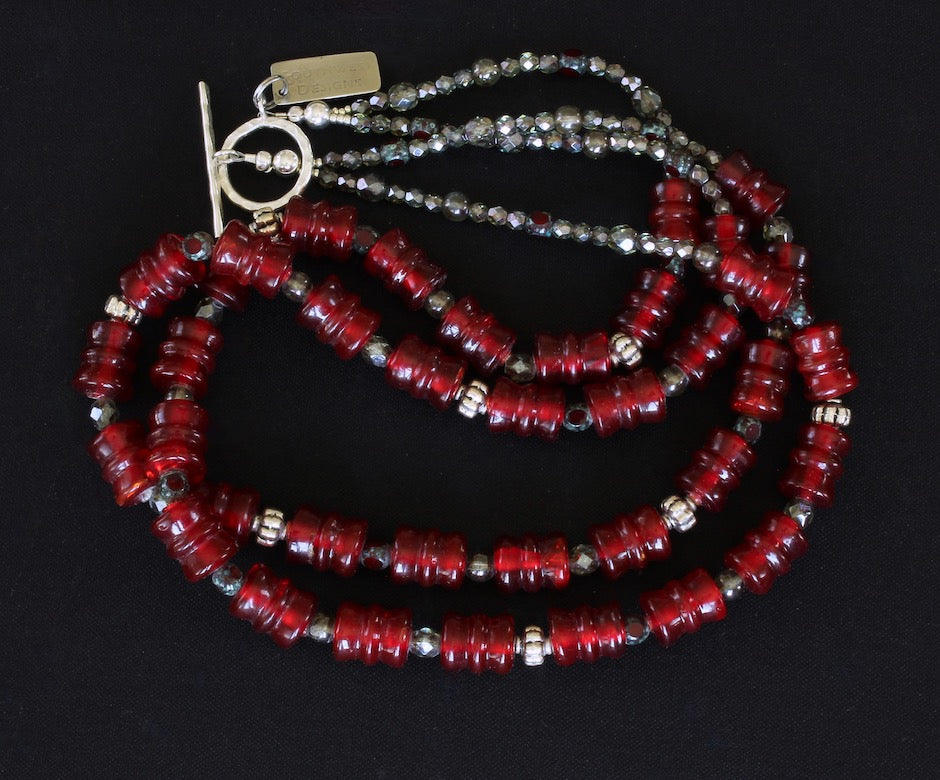 Vintage Red Glass 2-Strand Necklace with Czech Glass and Sterling Silver